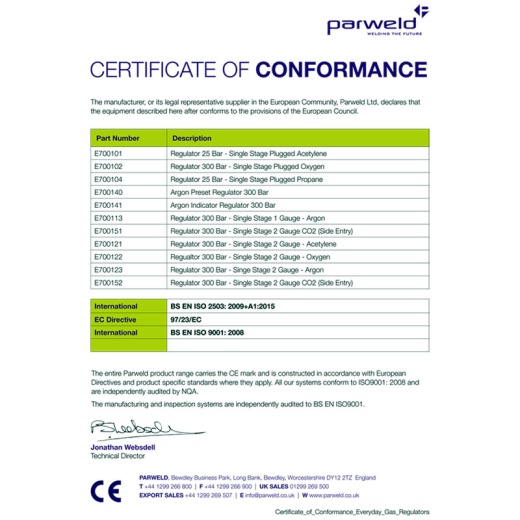 Picture of Parweld Regulator 300 Bar Single Stage 2 Oxygen